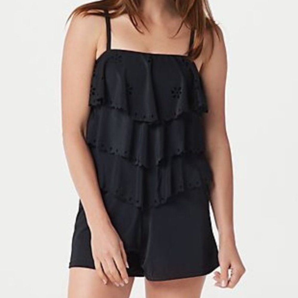 New $85 Sz 12 Fit 4 U Laser-Cut V-Tiered Bandeau Romper Black